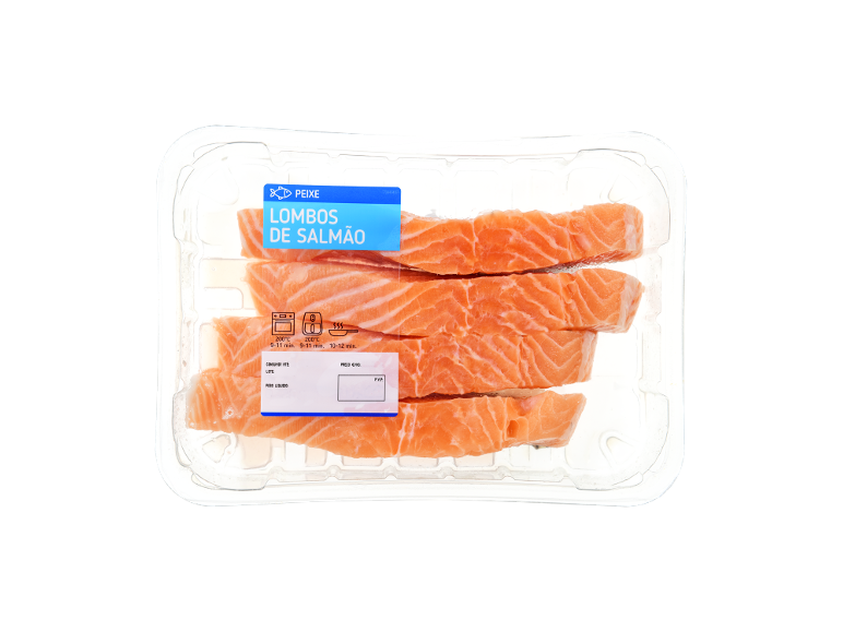 Lombos de salmão embalados, com instruções de cozedura e informações do produto.