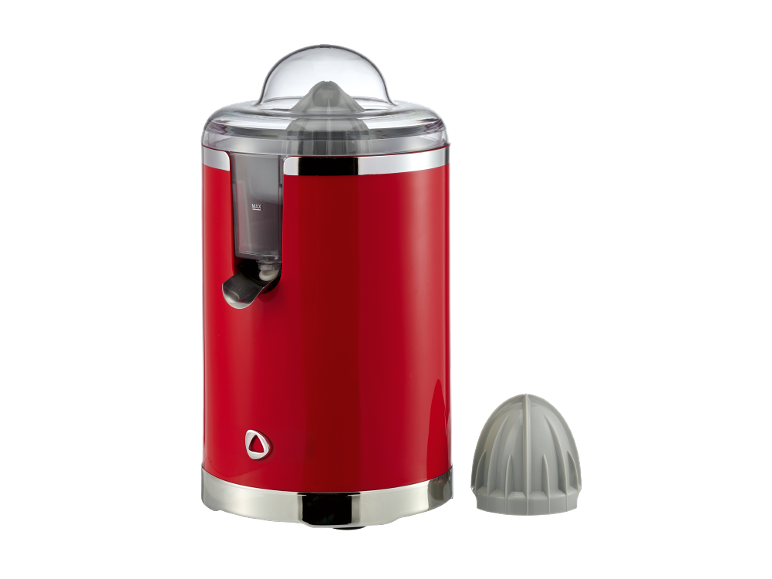 Espremedor de citrinos elétrico vermelho com tampa transparente e acessório cinzento.
