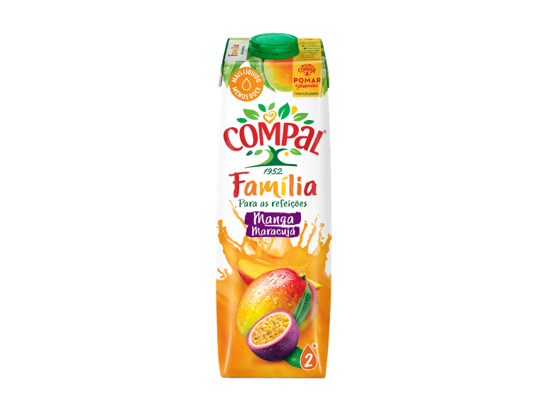 Sumo de fruta com sabor a manga e maracujá, com a inscrição 'Família' e 'Mais líquido, menos doce'.