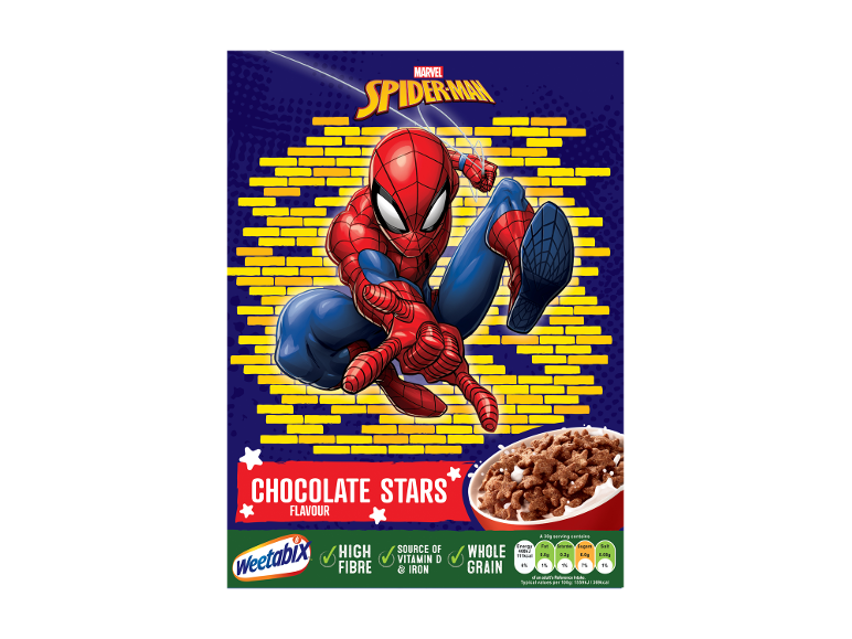 Caixa de cereais de chocolate em forma de estrela com um super-herói