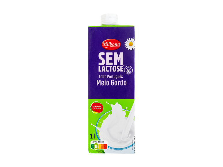 Cartão de leite sem lactose, meio gordo, com indicação de origem portuguesa.