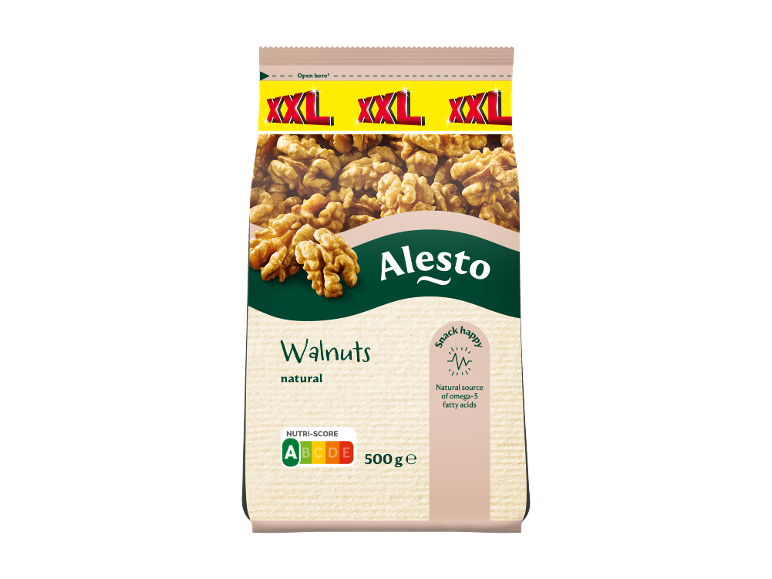 Embalagem de nozes naturais XXL, com Nutri-Score A e 500g.