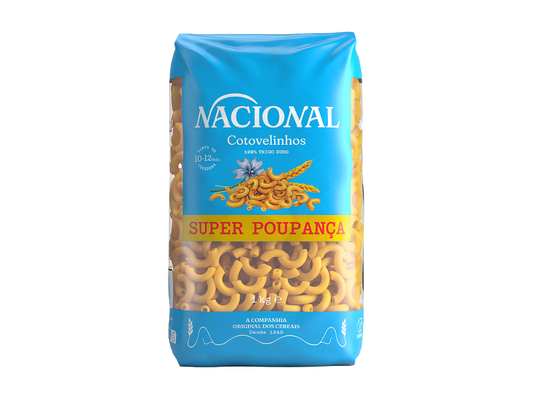 Pacote de massa cotovelinhos de trigo duro, 1 kg, com tempo de cozedura de 10-12 minutos.