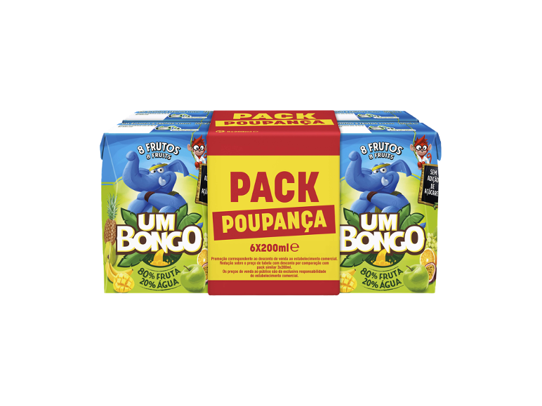 Pack de sumos de fruta 6x200ml com 8 frutas, 80% fruta e 20% água, sem adição de açúcar.