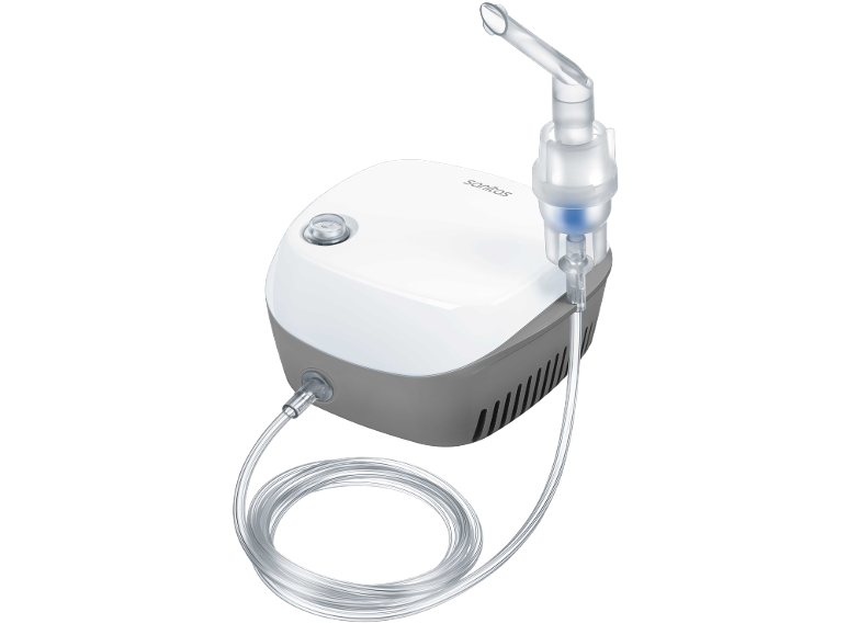 Nebulizador branco e cinzento com bocal e tubo transparente