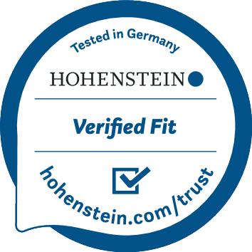 Selo 'Tested in Germany', 'Verified Fit', com o endereço web 'hohenstein.com/trust'.