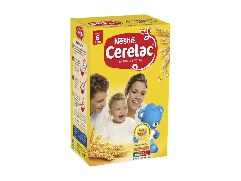 Caixa de papa láctea para bebés 6+ meses, com família e um ursinho.