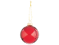 Bola de Natal vermelha brilhante com um cabide dourado sobre fundo preto.