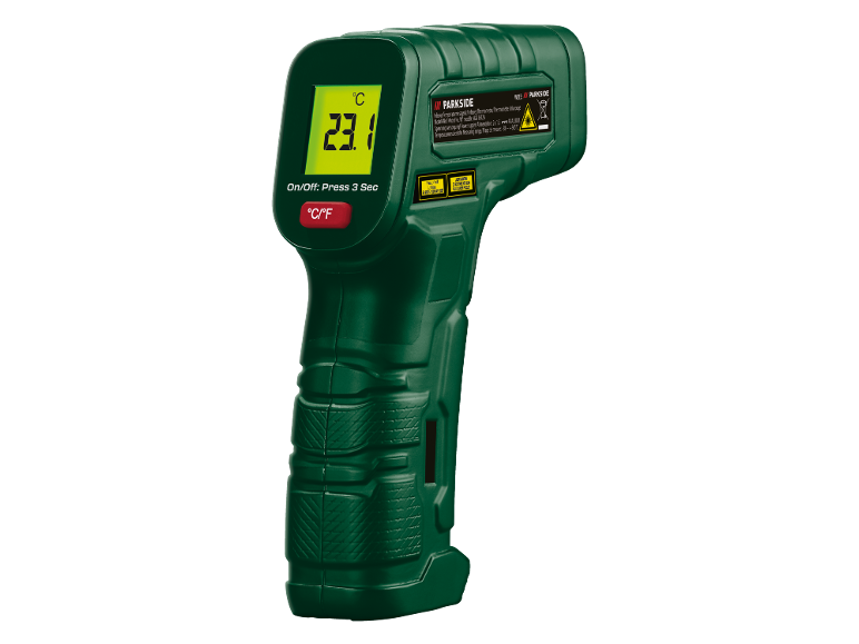 Termómetro infravermelho verde com ecrã digital a mostrar 23.1 °C e botão °C/°F.