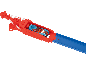 Lançador de carros de brinquedo vermelho com um carro azul numa pista azul.