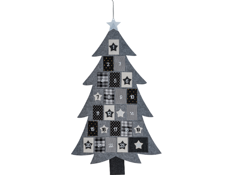Calendário do advento em feltro em forma de árvore de Natal com bolsos numerados de 1 a 24.