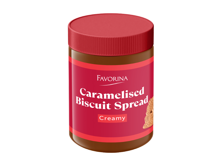 Frasco de creme de biscoito caramelizado, cremoso, com tampa e rótulo vermelhos.