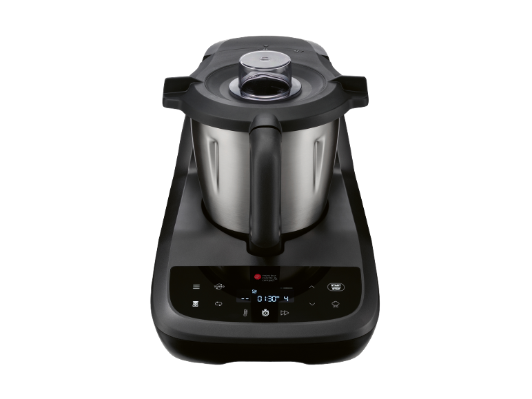 Processador de alimentos com taça de aço inoxidável e ecrã digital.