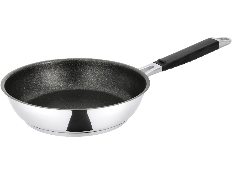 Frigideira de aço inoxidável com interior antiaderente preto e cabo preto.