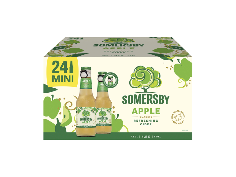Caixa com 24 mini garrafas de sidra de maçã com 4,5% de álcool.
