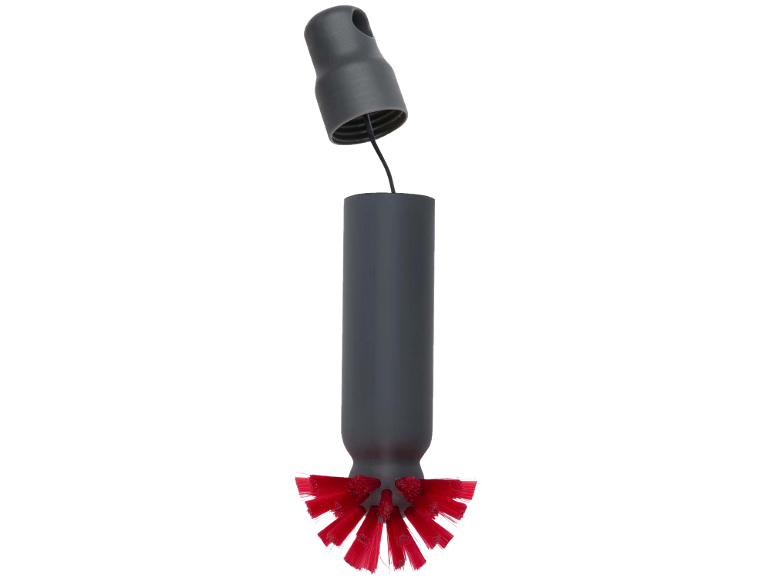 Escova de garrafas cinzento escuro com cerdas vermelhas e laço para pendurar.
