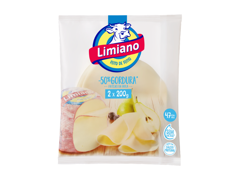 Embalagem de queijo com 50% menos gordura, sem lactose, com peras e nozes.
