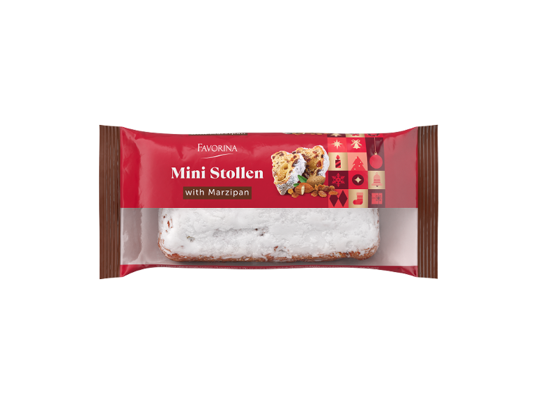 Mini Stollen com maçapão numa embalagem vermelha com motivos de Natal.