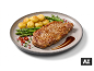 Bife de vaca suculento com batatas, aspargos e molho num prato. [imagem gerada por IA]