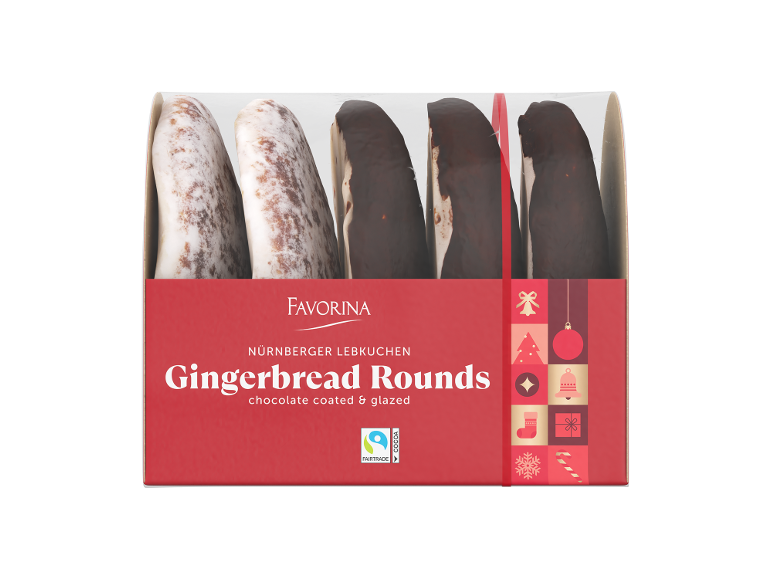 Embalagem de pão de mel glacê e com chocolate com motivos natalícios.