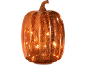 Abóbora decorativa de vidro iluminada com acabamento laranja salpicado, ideal para o outono ou Halloween.