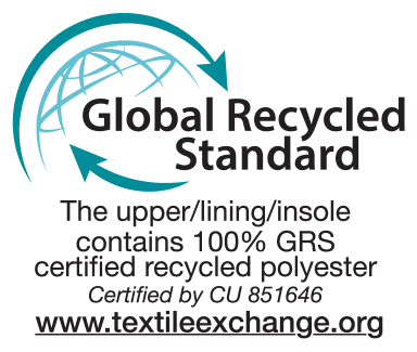 Selo Global Recycled Standard: A parte superior/forro/palmilha contém 100% poliéster reciclado certificado GRS. Certificado por CU 851646. www.textileexchange.org