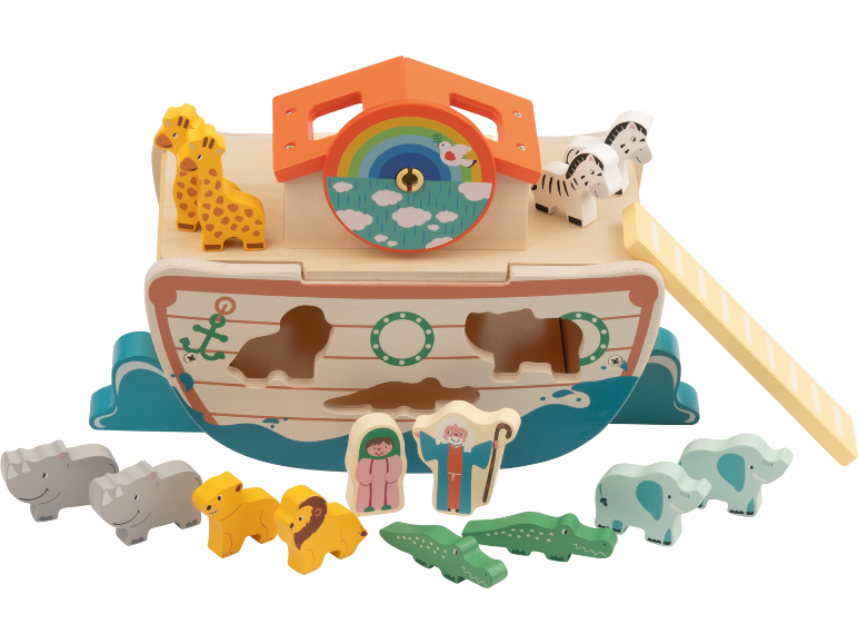 Arca de Noé de madeira com animais e figuras, brinquedo infantil.