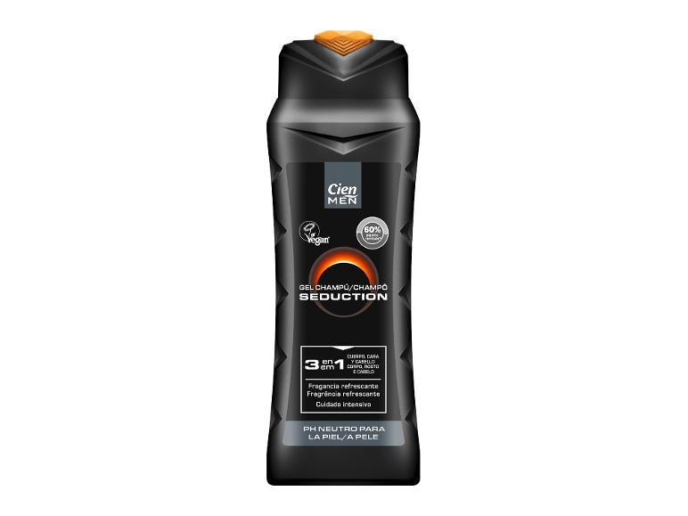 Gel de banho e champô 3 em 1 para homem com pH neutro, com 60% de plástico reciclado.