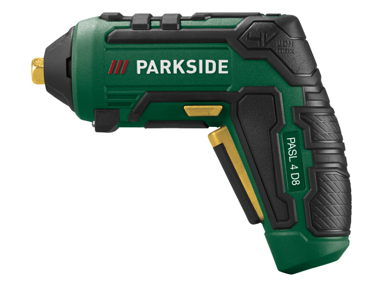 Aparafusadora sem fios verde com texto 'PARKSIDE' e 'PASL 4 D8'.