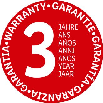 Selo vermelho com o número 3 e a palavra 'GARANTIA' em vários idiomas.