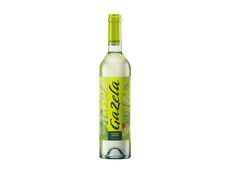 Garrafa de vinho branco Vinho Verde com rótulo de frutas e plantas.