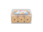 Recipiente transparente de biscoitos de coco, com uma etiqueta que diz «ROSQUINHAS DE COCO» e «600 g».