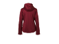 Vista traseira de um casaco softshell com capuz vermelho escuro para mulher.