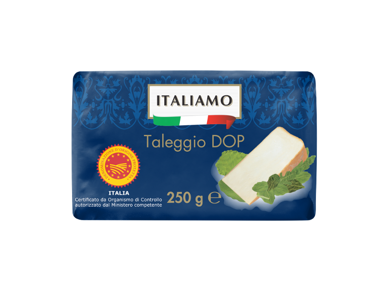 Embalagem de queijo Taleggio DOP 250g com folhas de salada.