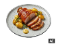 Pernil de porco assado com pururuca, batatas pequenas, mostarda e alecrim no prato [imagem gerada por IA]