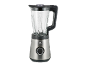 Liquidificador de aço inoxidável com jarro de vidro e controlo rotativo.