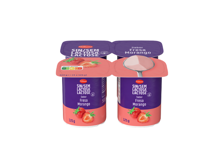 Quatro iogurtes sem lactose sabor morango, 500g no total.