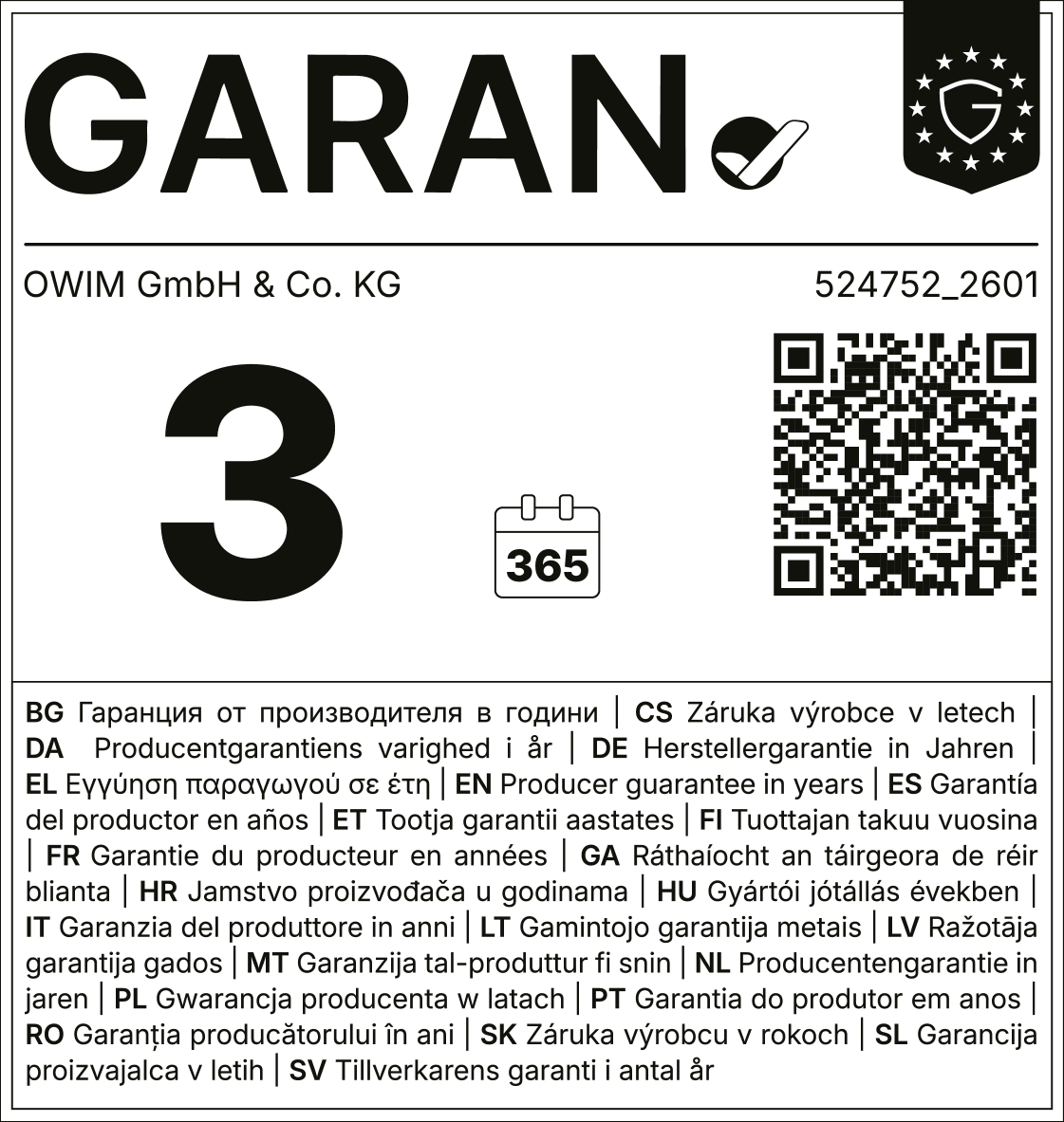 Selo de garantia: 3 anos, 365 dias, com código QR e número de produto 524752_2601.