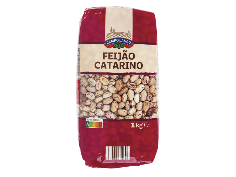 Embalagem de feijão pinto com rótulo Nutri-Score A e peso de 1 kg.