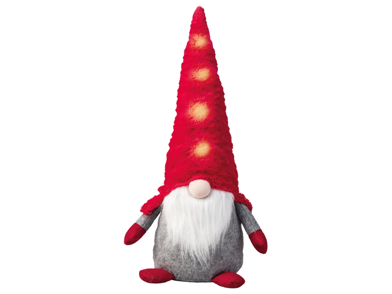 Gnomo de Natal com chapéu vermelho iluminado e barba branca.