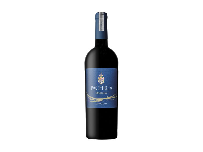 Garrafa de vinho tinto com rótulo azul que diz 'ESCOLHA DOURO D.O.C'.