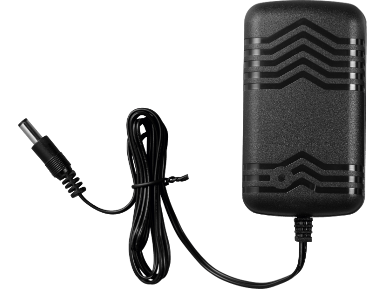 Adaptador de energia preto com ficha DC e cabo enrolado.