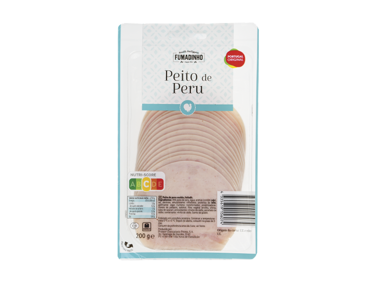 Fumadinho Peito de Peru: peito de peru fatiado embalado com rótulo Nutri-Score A.