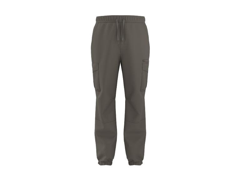 Calças cargo desportivas cinzentas com cordão na cintura e bolsos laterais.