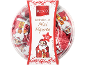 Mini figuras de chocolate de leite de Natal com 33% de cacau, em recipiente redondo.