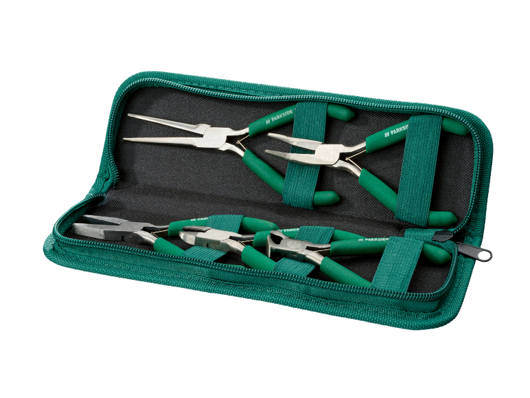Conjunto de alicates de precisão com cabos verdes numa bolsa verde com fecho.