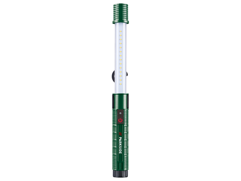 Luz de trabalho LED verde com botão ligar/desligar e texto 'PARKSIDE'.