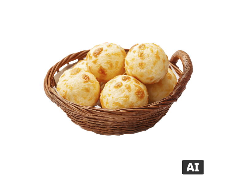 Cesto cheio de pãezinhos de queijo dourados, perfeitos para um lanche.