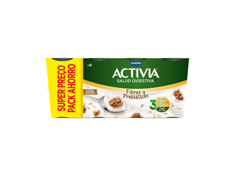Pack de 8 iogurtes com aveia e nozes, ricos em fibras e probióticos.