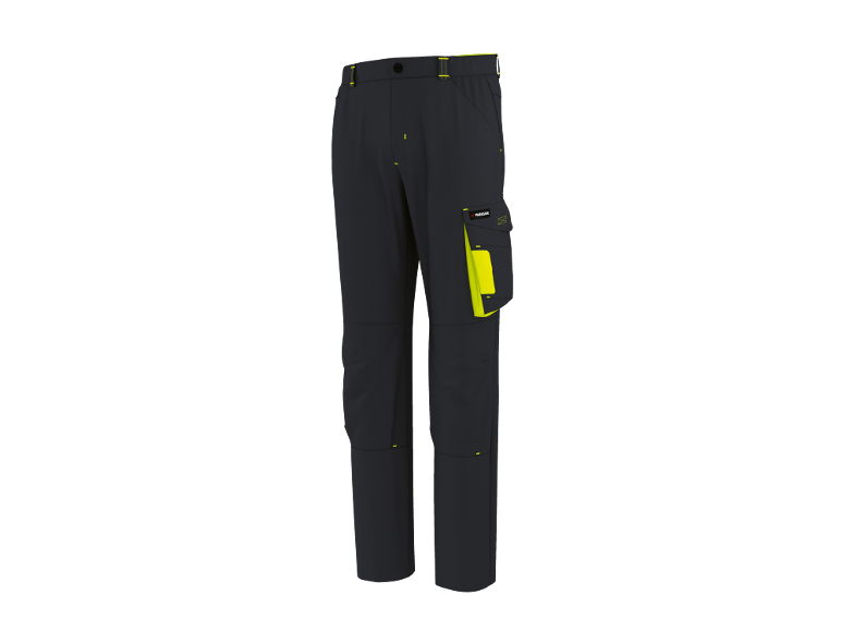 Calças de trabalho cinzento escuro com detalhes amarelos e bolso lateral